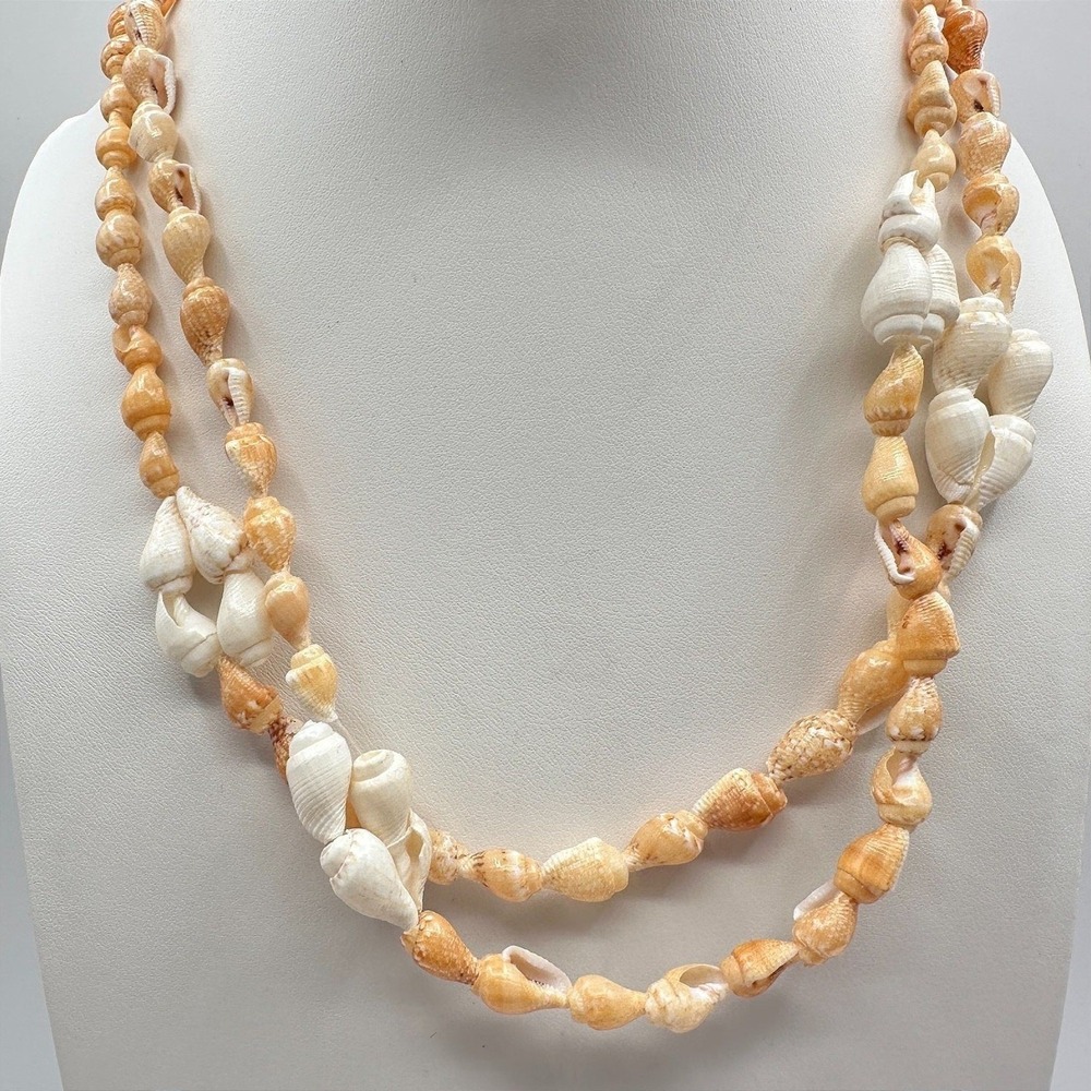 Vintage 80s 90s Double Strand Sea Shell Necklace Boho Beach Jewelry 36in